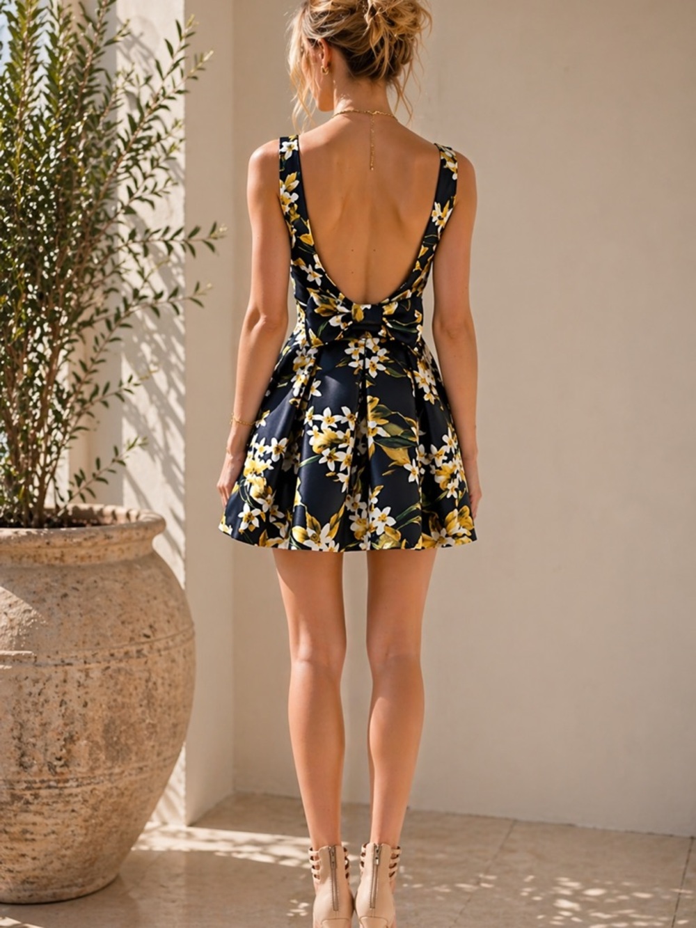 Luxxel Navy Yellow White Floral Fit & Flare Bow Back Dress Medium - Picture 11 of 12